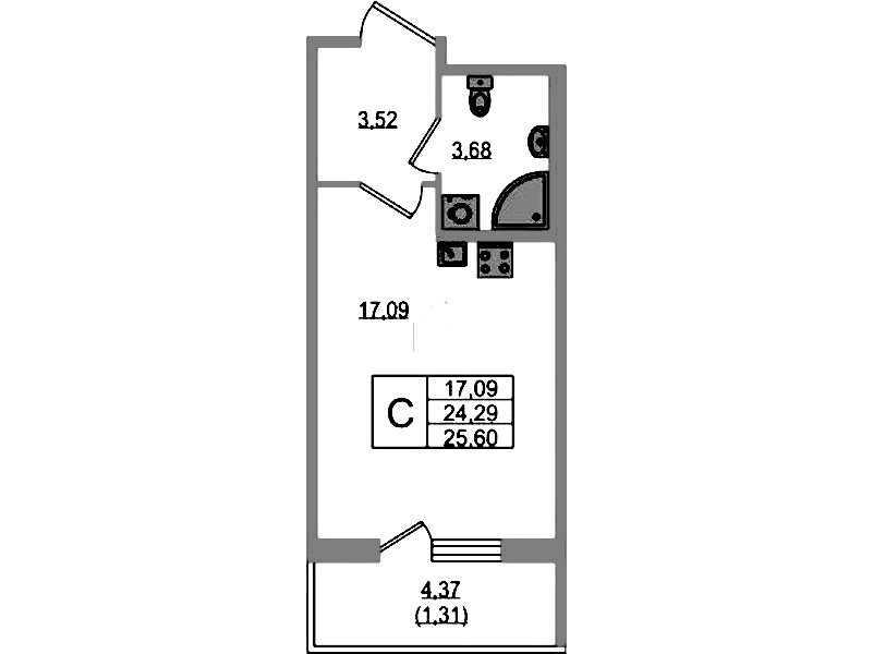 Квартира студия 25.6 м², 1/12 эт., ЖК «UP! Квартал Воронцовский»